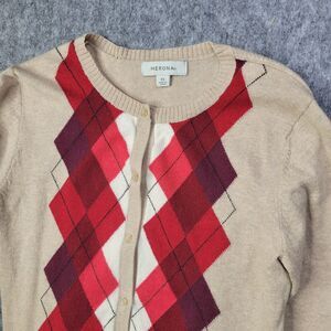Merona Women Sweater XS Woolblend Brown Red Argyle Button Up Preppy Academia